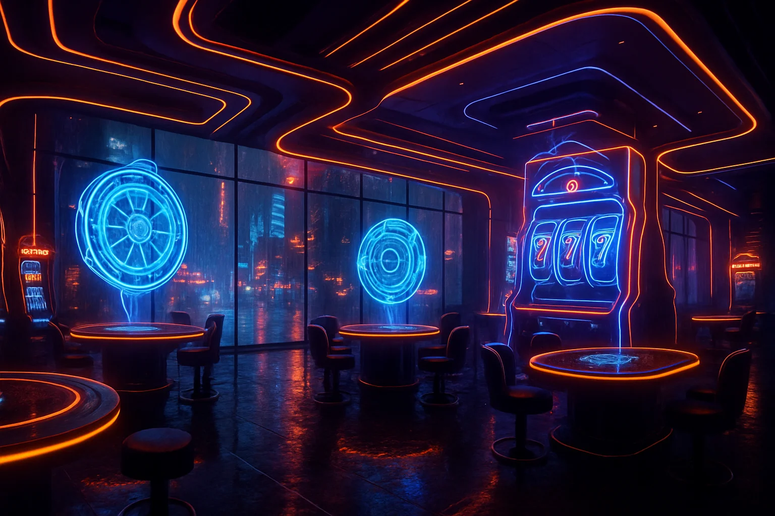 Neon Cyberpunk kasino – kirkkaat neon-valot ja pelikoneet